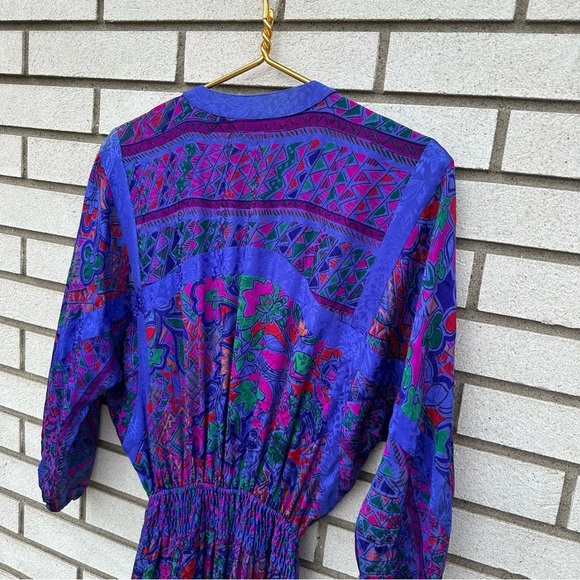 1980’s Rare Vintage Diane Freis Silk Dolman V-Neck Godet Dress Purple Abstract - Picture 7 of 11